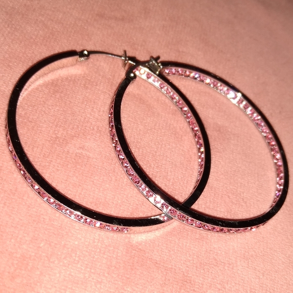 Pink Rhinestone Silver Hoop Earrings Crystal Channel Hoops Sparkling Rhinestones - Picture 2 of 14